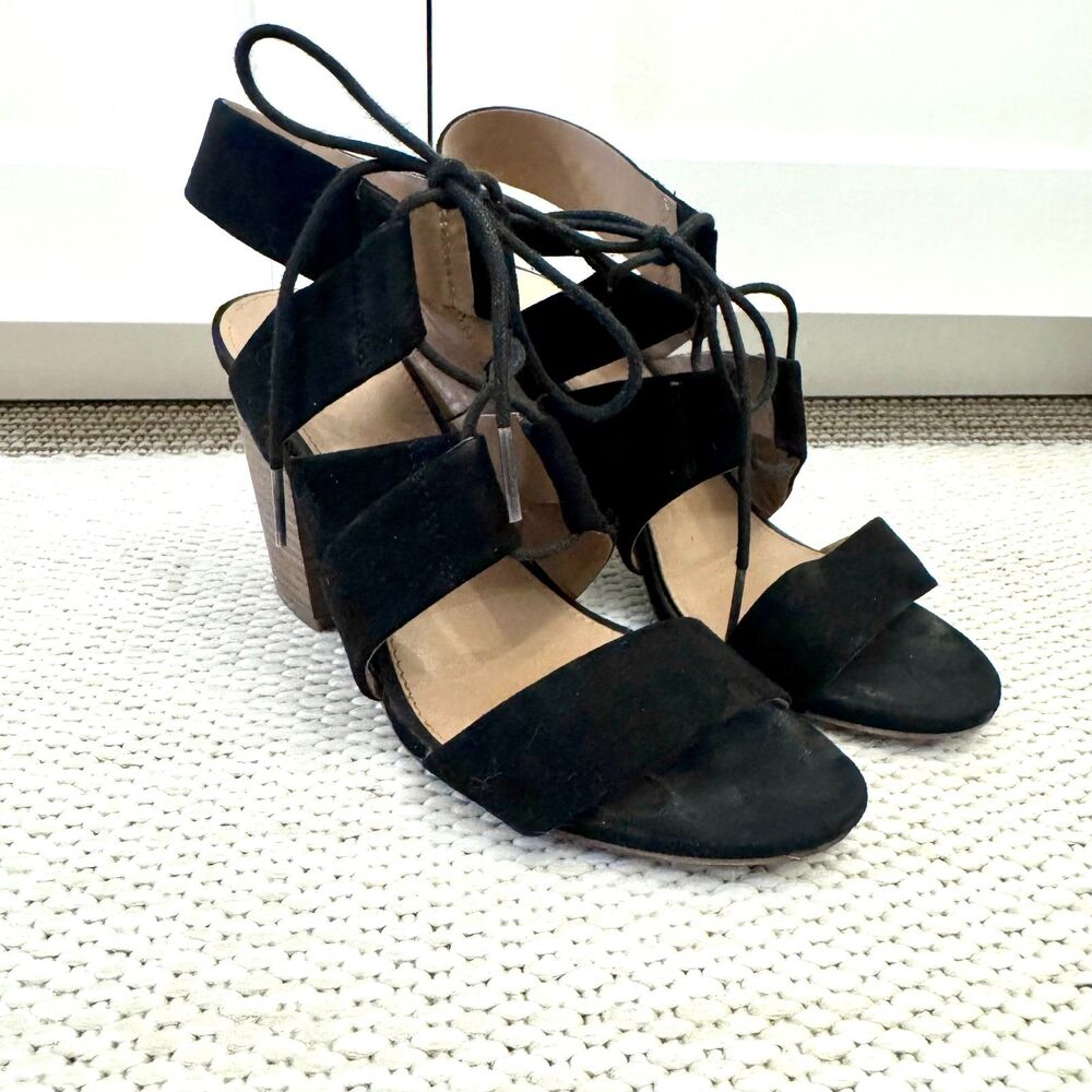 Merona "Harriet" Black Ghillie Lace-Up Block Heel Sandals, Brown/ Black, Size 8